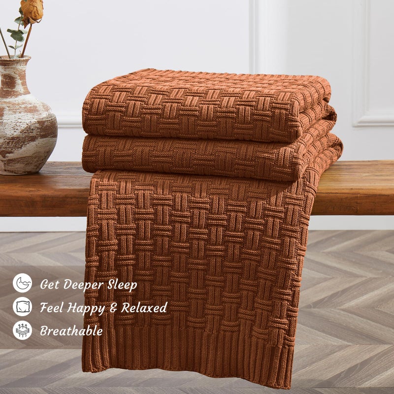 TREELY 100% Cotton Knitted Throw Blanket Couch Cover Blanket(50 x 60 Inches, Brown) - Image 3